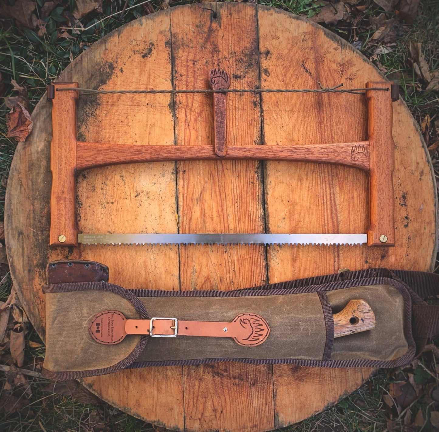 The Original Bucksaw - The Bear Essentials Outdoors Co., Saw N' Axe Sling [Brown], Standard Bucksaw Engraving,